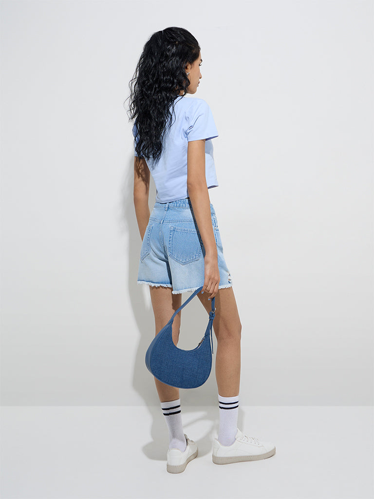 Nuon Blue Distressed Mid-Rise Denim Shorts