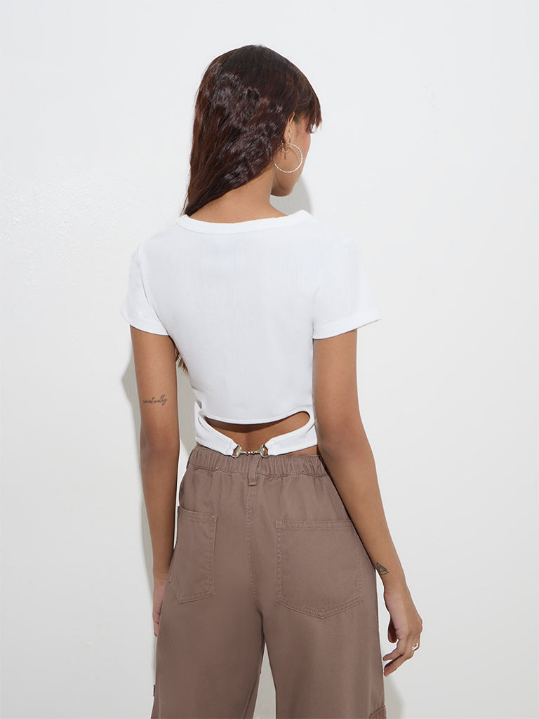 Westside Nuon Women's White Ribbed Cut-Out Detailed Crop T-Shirt for Casual Wear Back View
