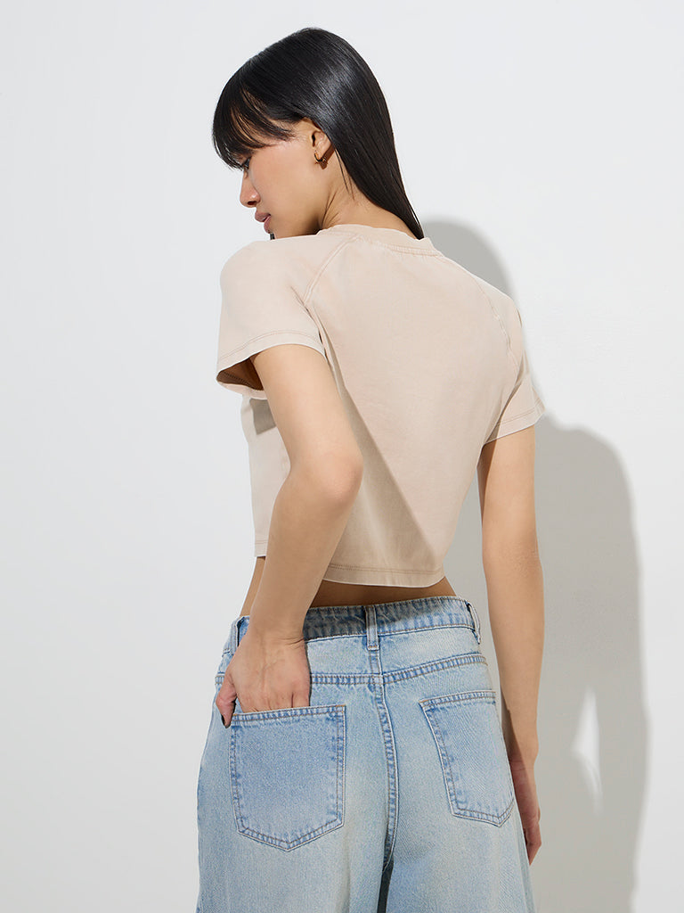 Westside Nuon Women's Beige Printed Cotton-Blend Top for Casual Wear Back View