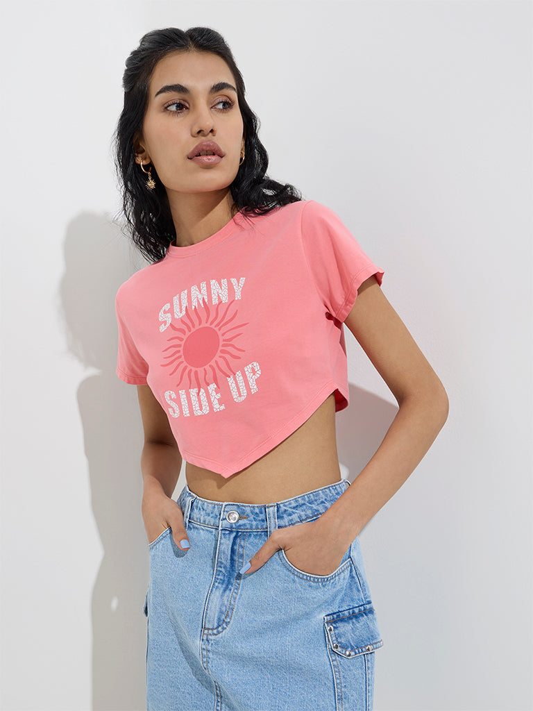 Nuon Coral Text Design Cotton-Blend Crop Top