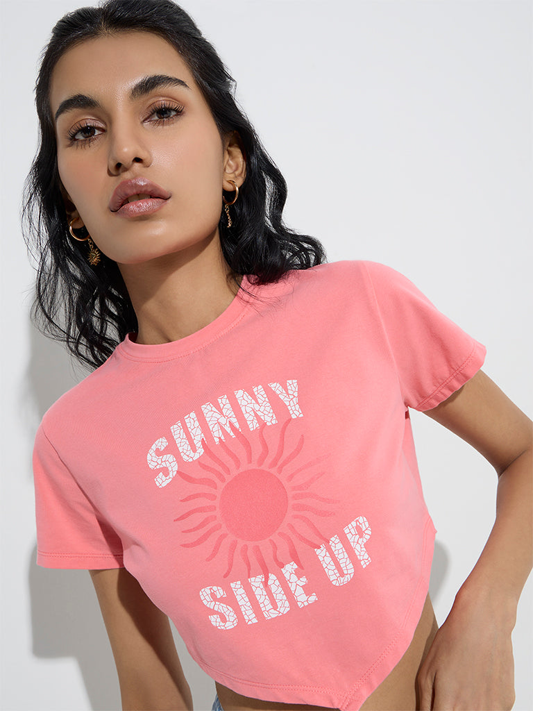Nuon Coral Text Design Cotton-Blend Crop Top