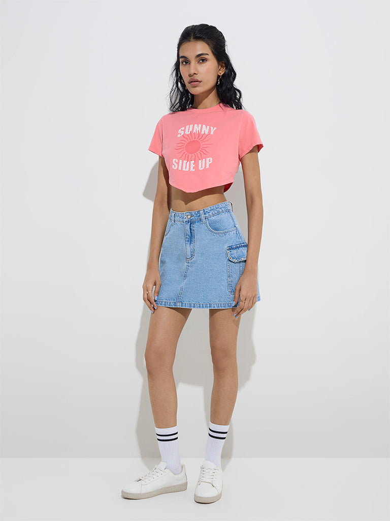 Nuon Coral Text Design Cotton-Blend Crop Top