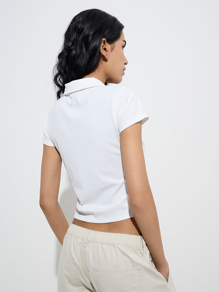 Westside Nuon Women's White Ribbed-Textured Polo T-Shirt for Casual Wear Back View