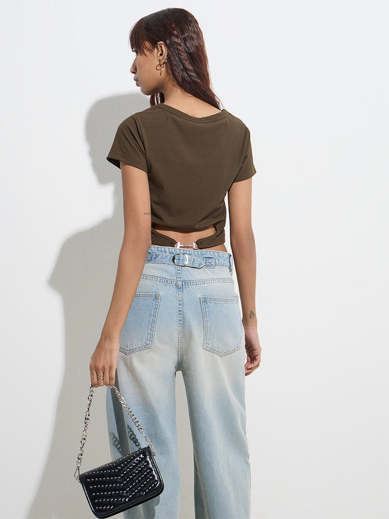 Westside Nuon Women's Dark Olive Ribbed Cut-Out Detailed Crop T-Shirt for Casual Wear Back View