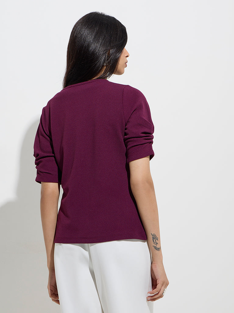 Westside Wardrobe Women's Wine Self-Textured Top for Work Wear Back View