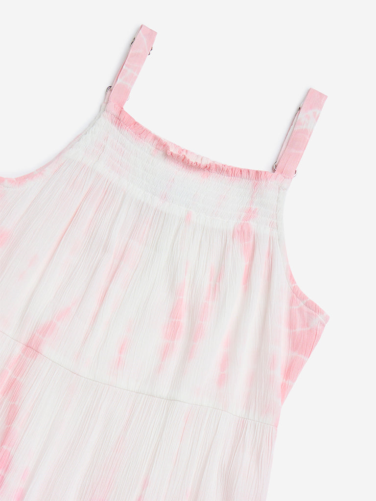 Westside Y&F Girls' Kids Pink Tie-Dye Cotton A-Line Dress for Casual Wear Zoom View