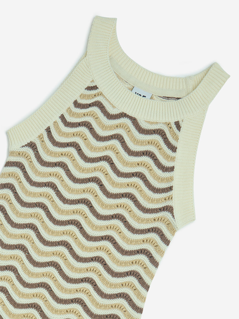 Westside Y&F Girls' Kids Taupe Knit-Textured Cotton Bodycon Dress for Casual Wear Zoom View