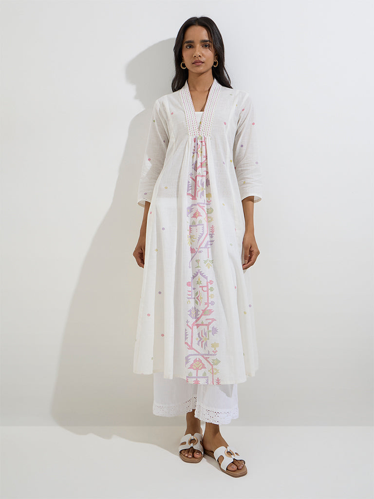 Utsa White Badla Printed Cotton A-Line Kurta