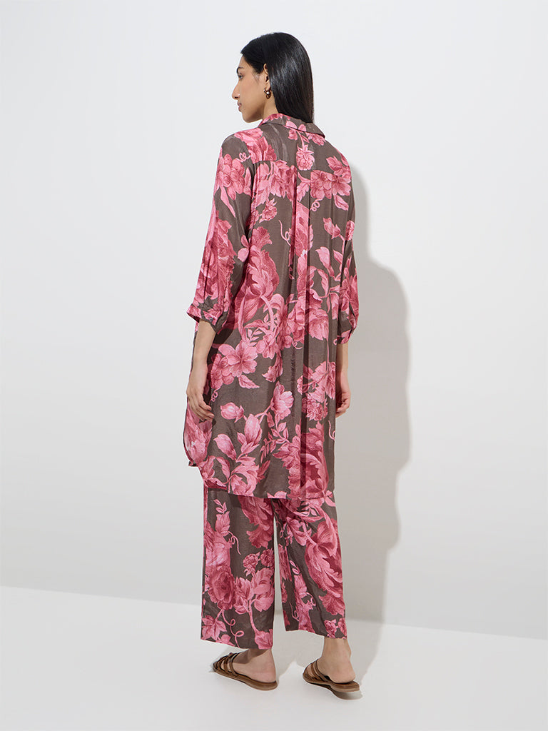 Westside Utsa Women's Brown Floral Pattern A-Line Kurta for Work Wear Back View