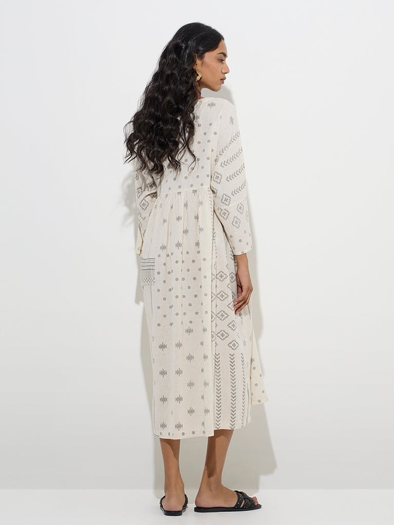 Westside Utsa Women's Off-White Geometric Pattern Cotton-Blend A-Line Dress for Work Wear Back View