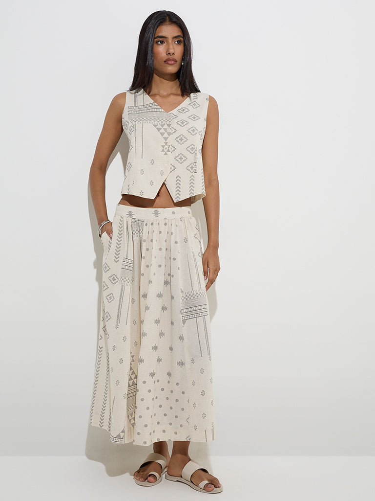 Westside Utsa Women's Off-White Printed Cotton-Blend Skirt for Work Wear Full Model View