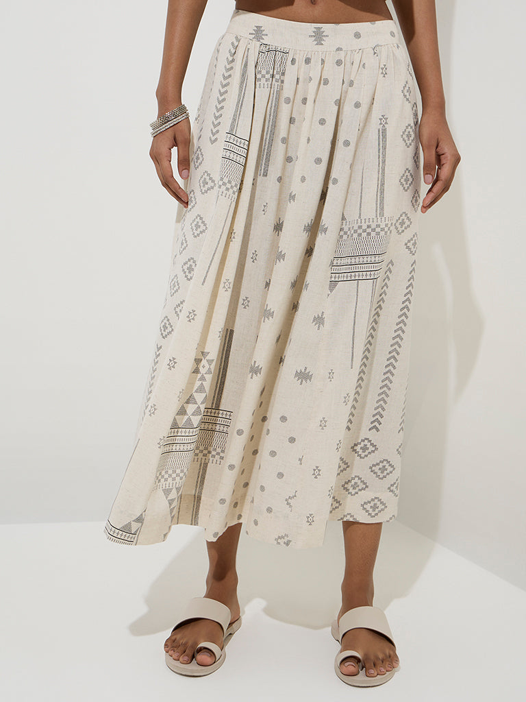 Westside Utsa Women's Off-White Printed Cotton-Blend Skirt for Work Wear Front View