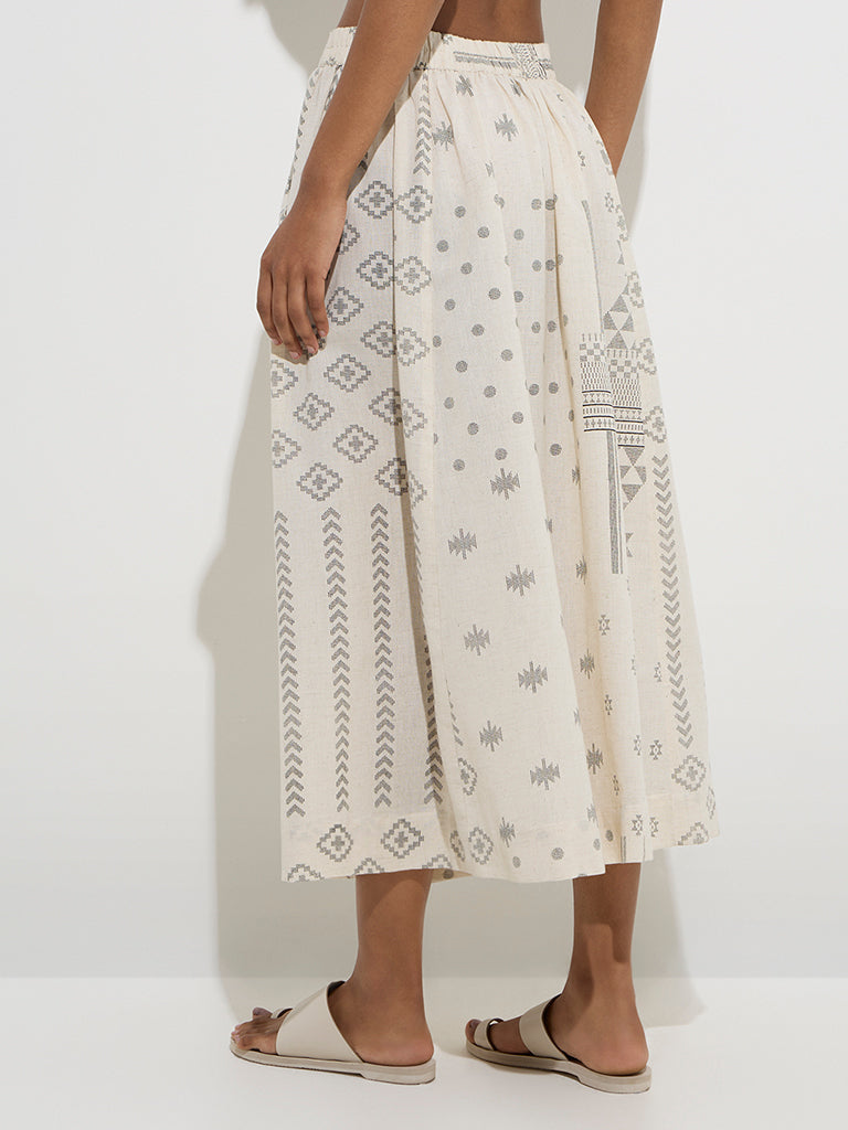 Westside Utsa Women's Off-White Printed Cotton-Blend Skirt for Work Wear Back View