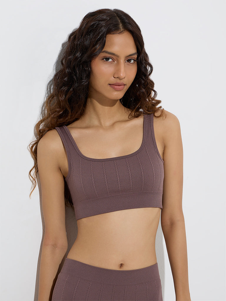 Westside Superstar Women's Brown Textured Seam-Free Padded Bra for Casual Wear Front View