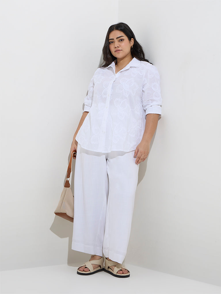 Gia White Floral Embroidered Cotton Shirt