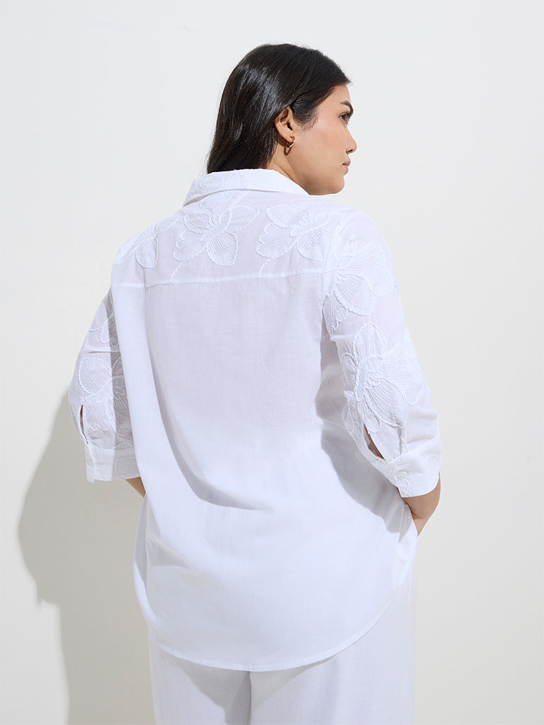 Westside Gia Women's White Floral Embroidered Cotton Shirt for Casual Wear Back View