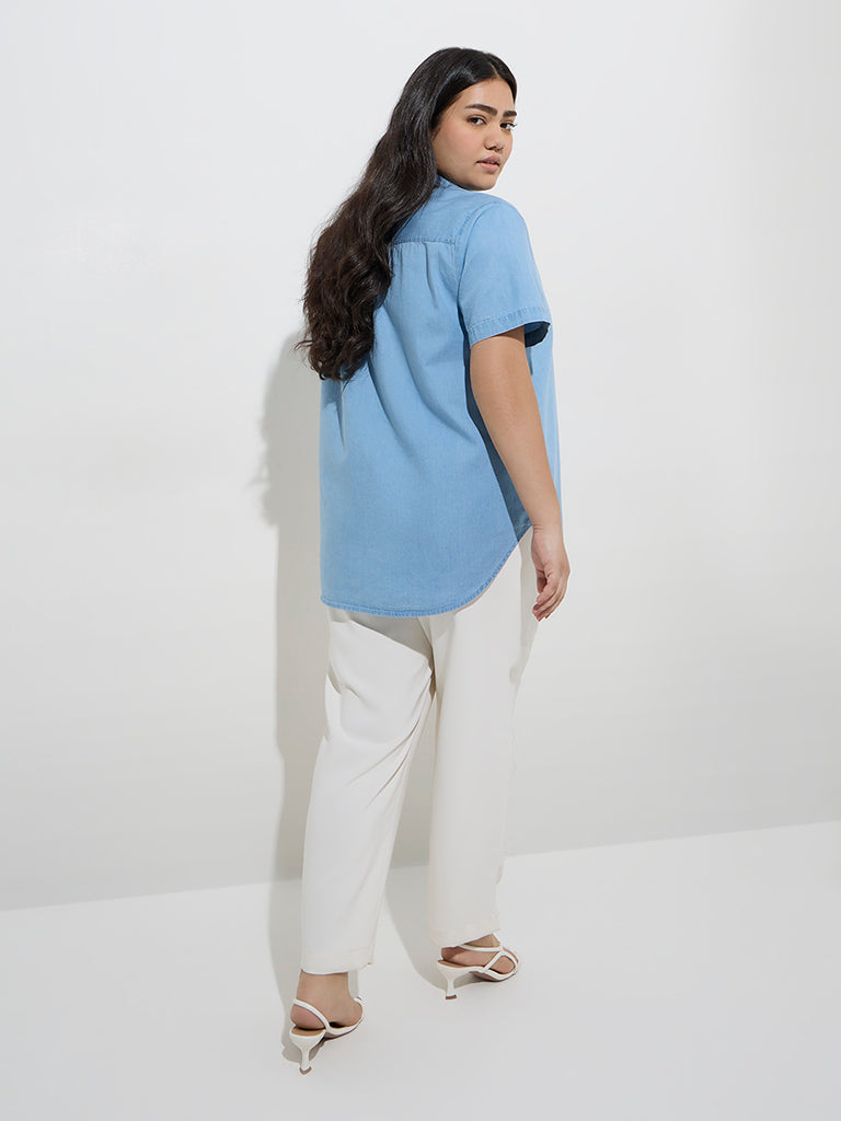 Westside Gia Women's Light Blue Pintuck-Detailed Denim Blouse for Casual Wear Back View