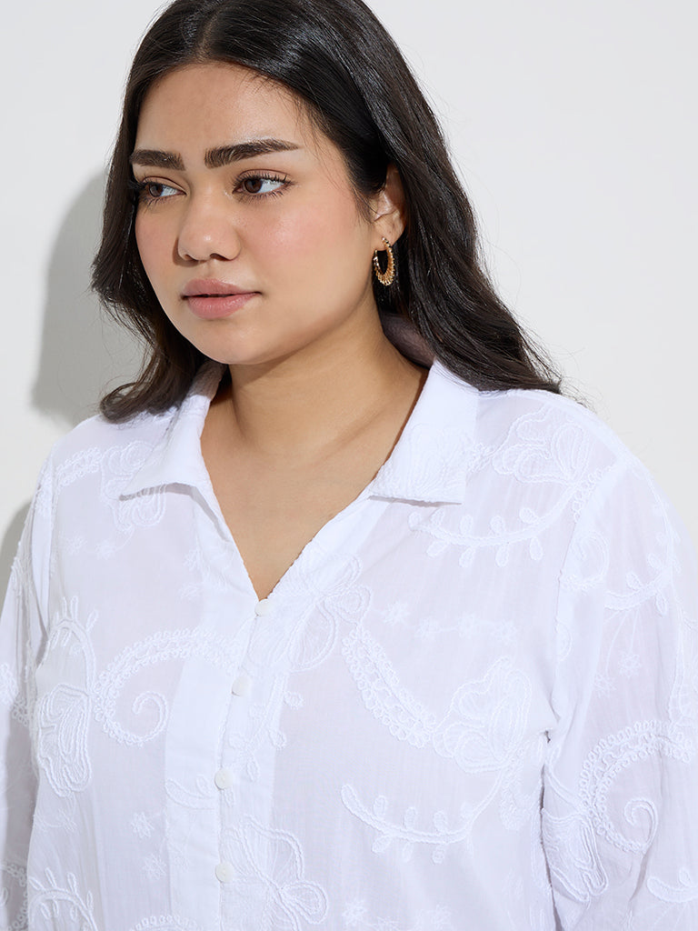 Gia White Floral Embroidered Cotton High-Low Shirt