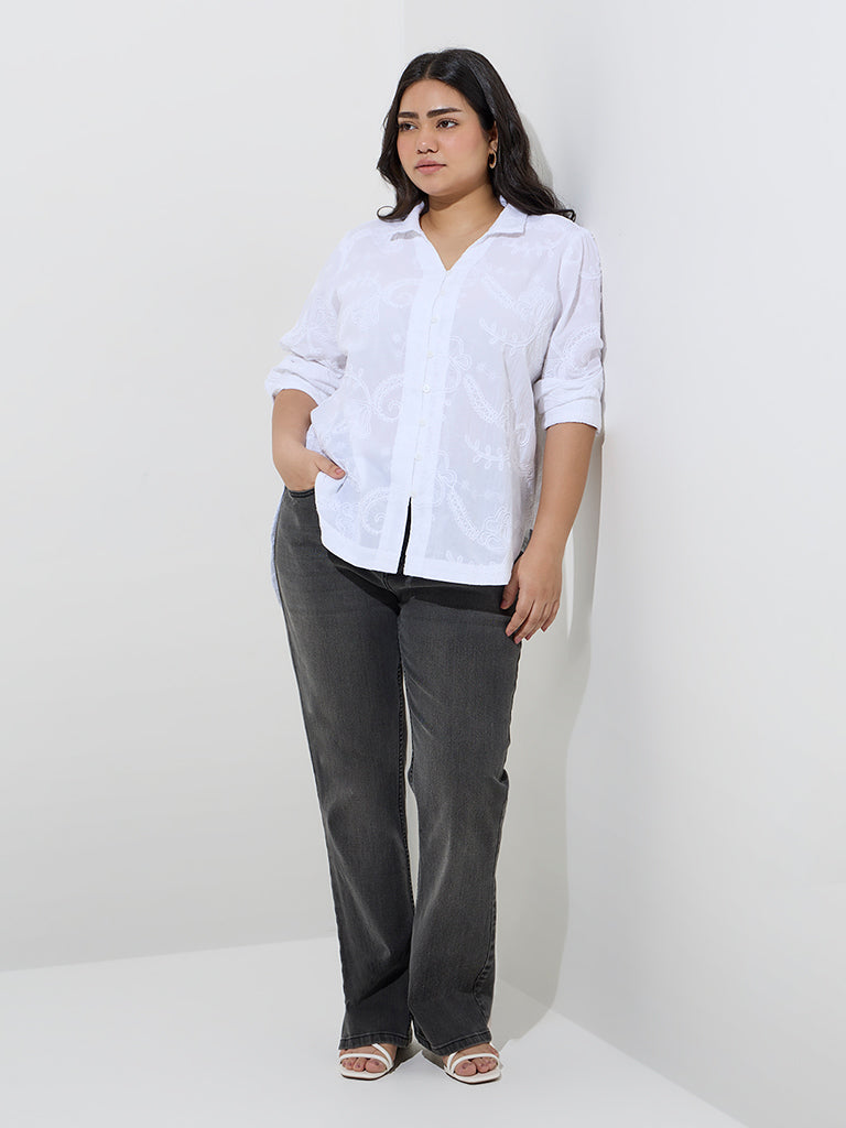 Gia White Floral Embroidered Cotton High-Low Shirt