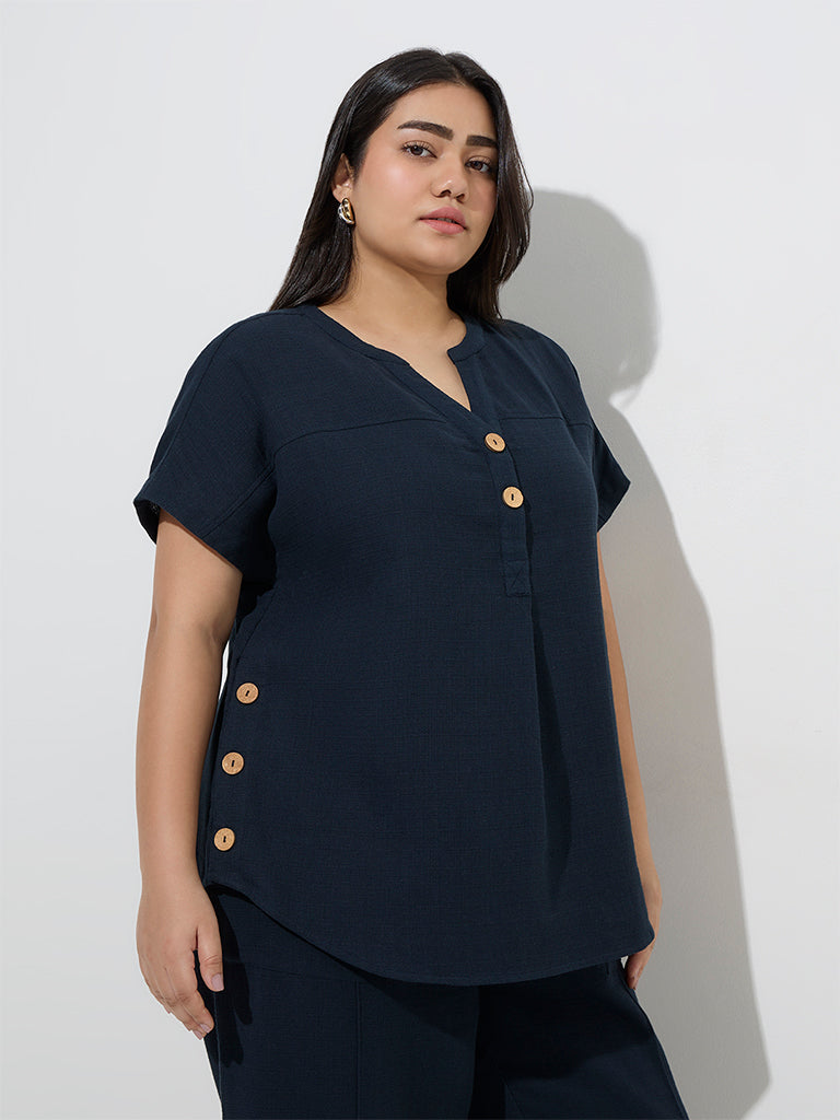 Gia Navy Button-Detailed Cotton Blouse