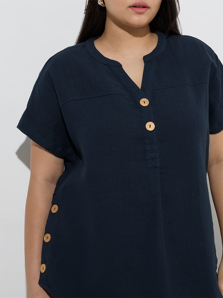 Gia Navy Button-Detailed Cotton Blouse
