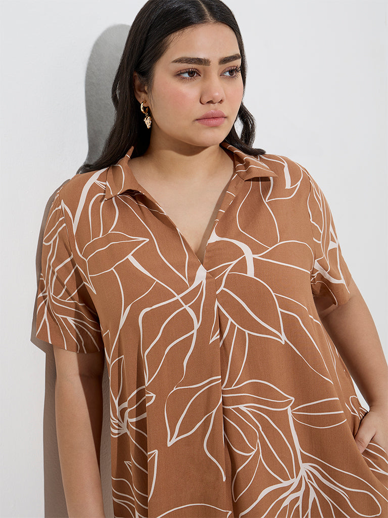 Gia Light Brown Foliage Design Cotton A-Line Dress