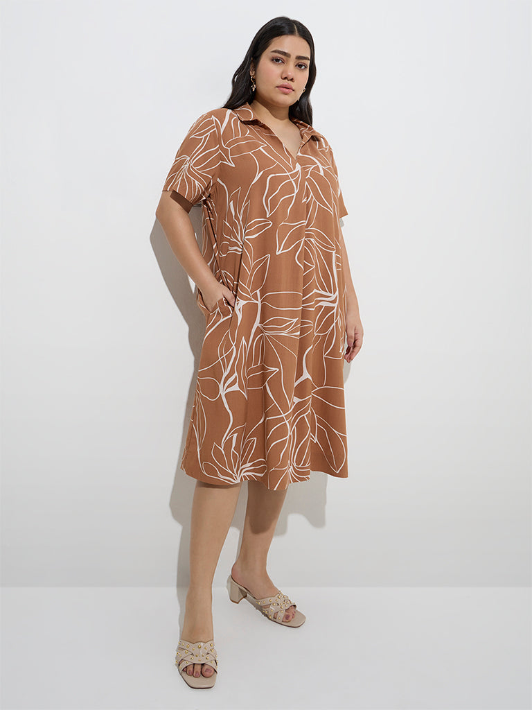 Gia Light Brown Foliage Design Cotton A-Line Dress