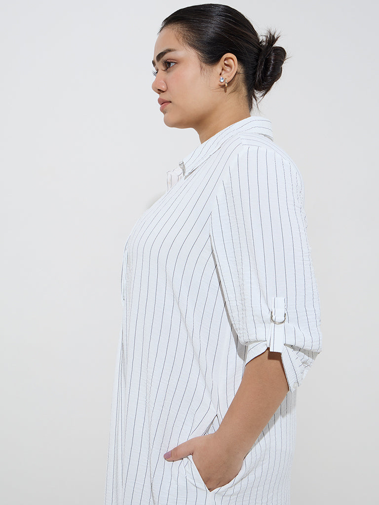 Gia White Pinstripe Detailed High-Low A-Line Dress