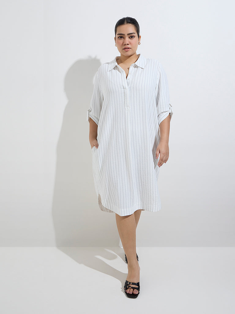 Gia White Pinstripe Detailed High-Low A-Line Dress