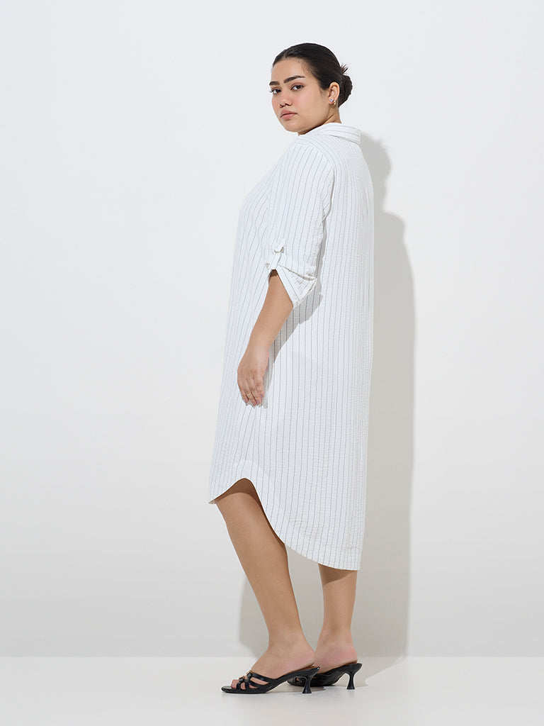 Westside Gia Women's White Pinstripe Detailed High-Low A-Line Dress for Casual Wear Back View