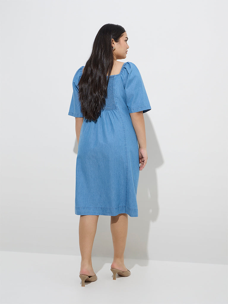 Westside Gia Women's Blue Denim A-Line Dress for Casual Wear Back View