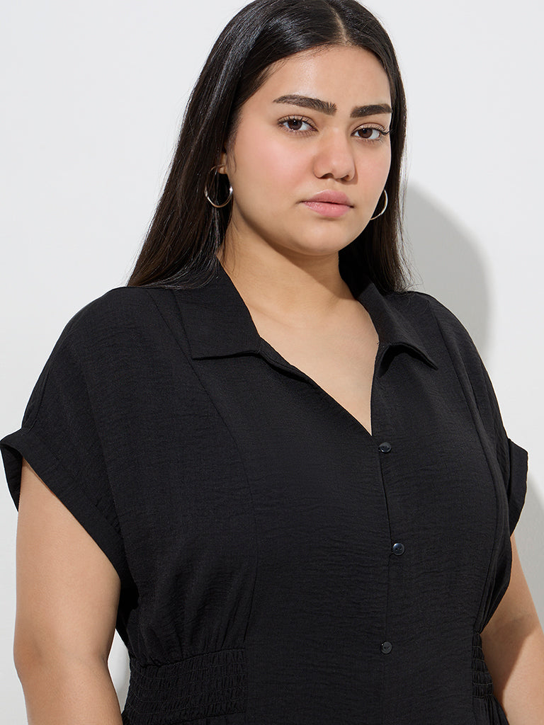 Westside Gia Women's Black Crinkle-Textured A-Line Dress for Casual Wear Zoomed View