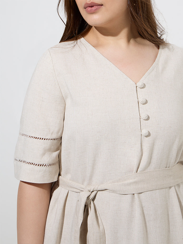Gia Beige Cotton-Blend A-Line Dress with Belt