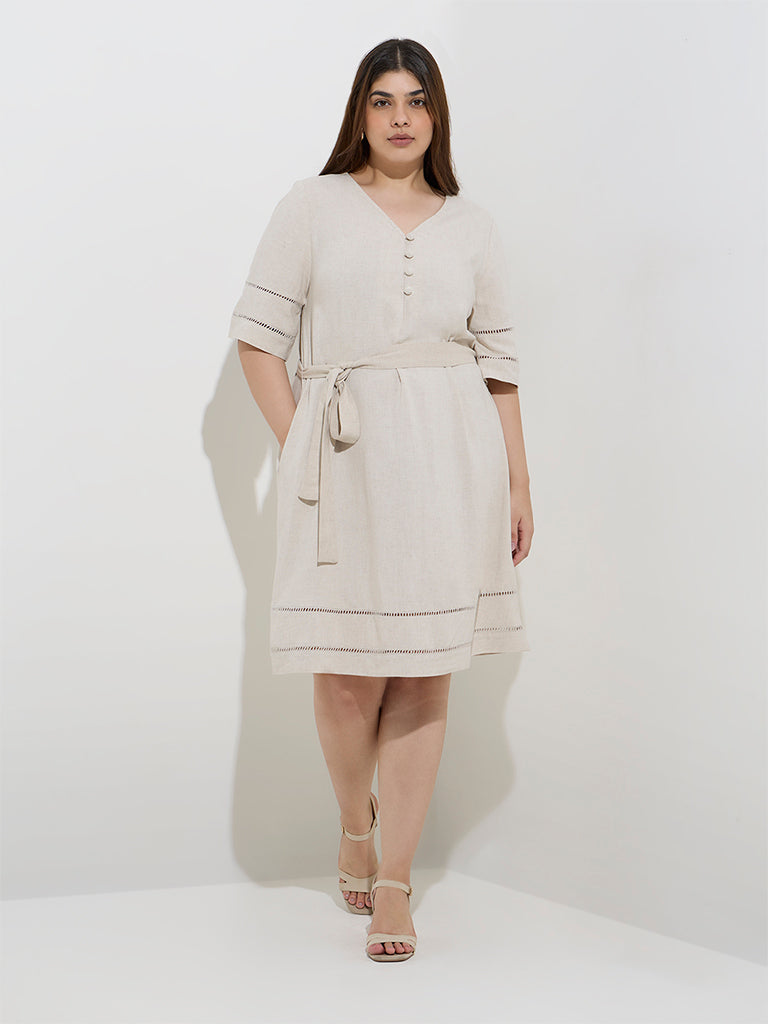 Gia Beige Cotton-Blend A-Line Dress with Belt