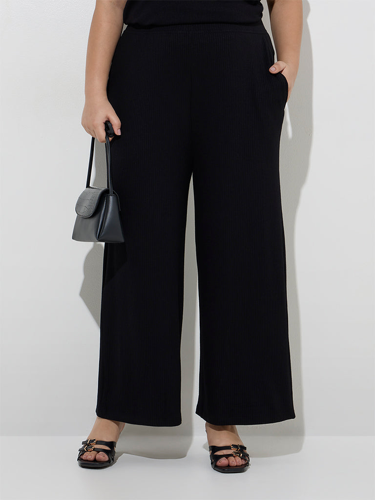 Gia Black Ribbed-Textured High-Rise Trousers