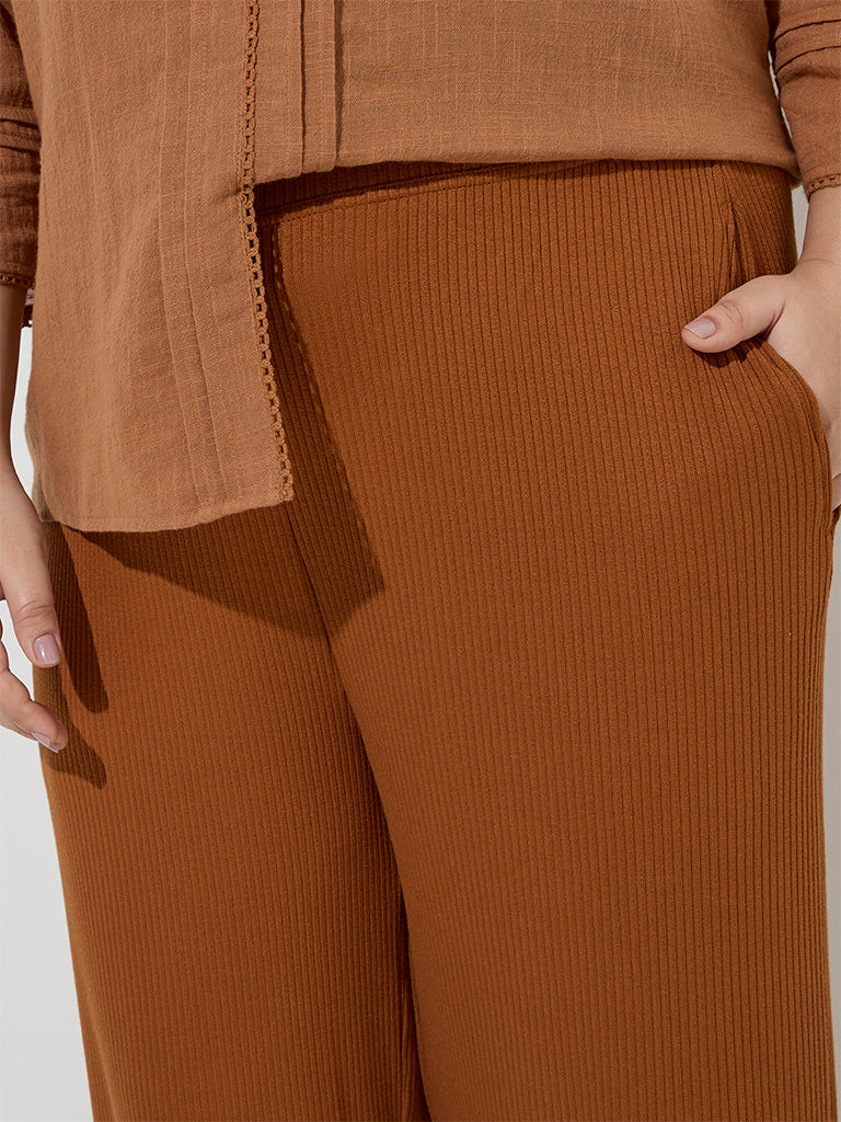 Gia Brown Ribbed-Textured High-Rise Trousers
