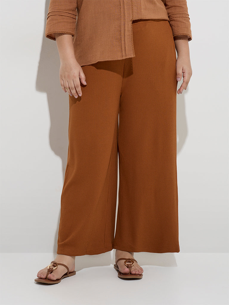 Gia Brown Ribbed-Textured High-Rise Trousers