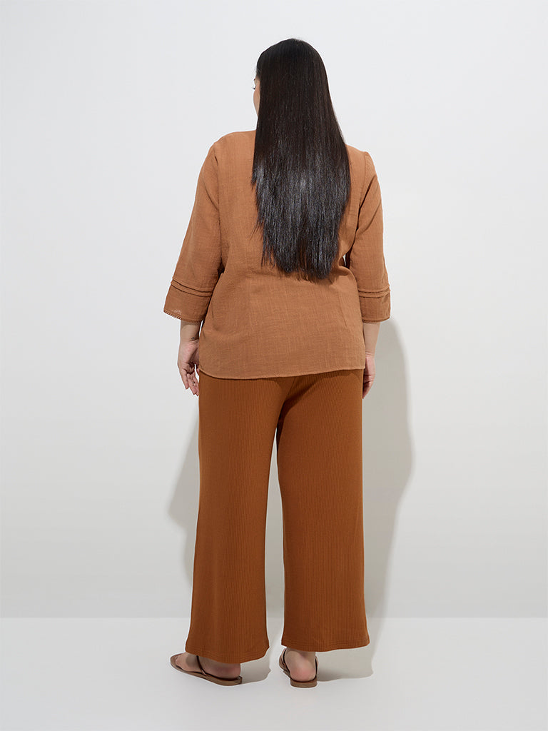 Westside Gia Women's Brown Ribbed-Textured High-Rise Trousers for Casual Wear Back View