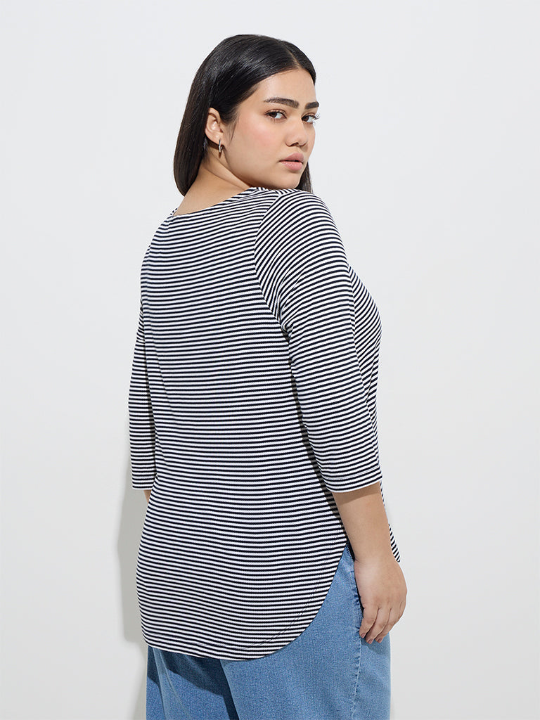 Westside Gia Women's Navy Stripes-Detailed T-Shirt for Casual Wear Back View