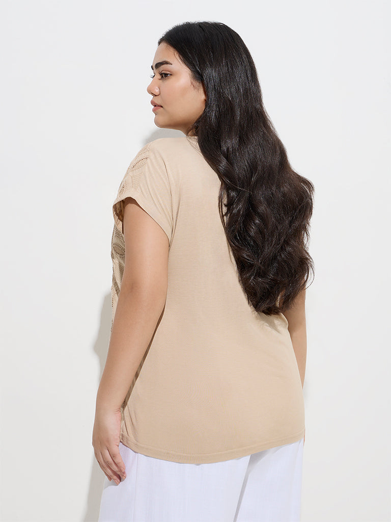 Westside Gia Women's Beige Embroidered Cotton Top for Casual Wear Back View