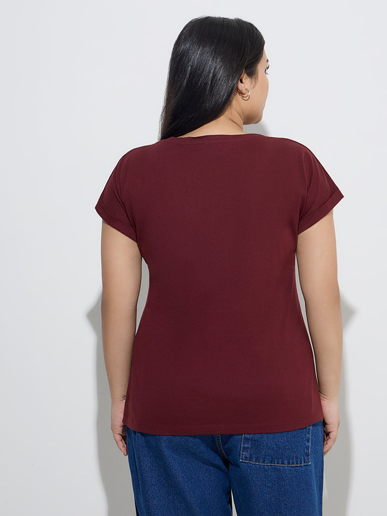 Westside Gia Women's Burgundy Floral Embroidered Cotton T-Shirt for Casual Wear Back View