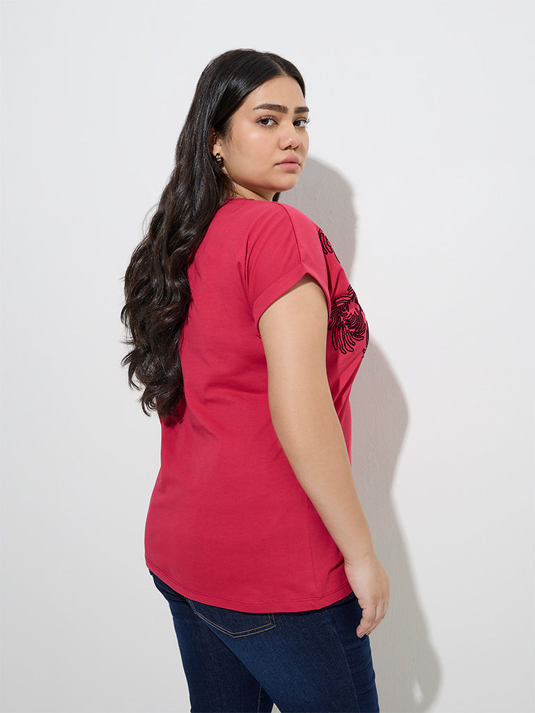 Westside Gia Women's Dark Pink Embroidered Cotton T-Shirt for Casual Wear Back View