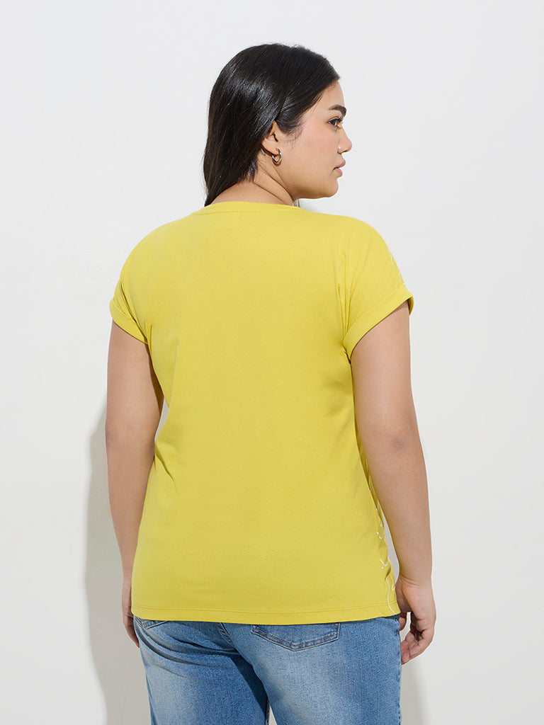 Westside Gia Women's Lime Abstract Printed Cotton T-Shirt for Casual Wear Back View