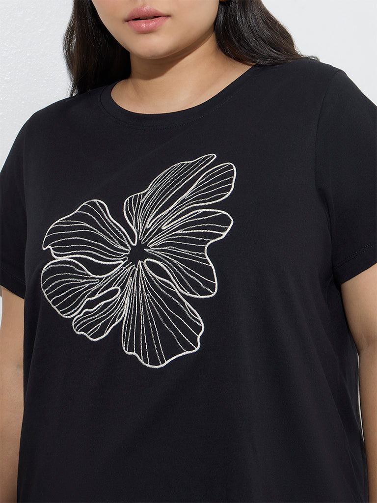 Gia Black Floral Embroidered Cotton T-Shirt