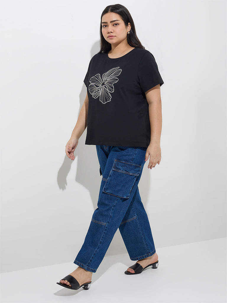 Gia Black Floral Embroidered Cotton T-Shirt