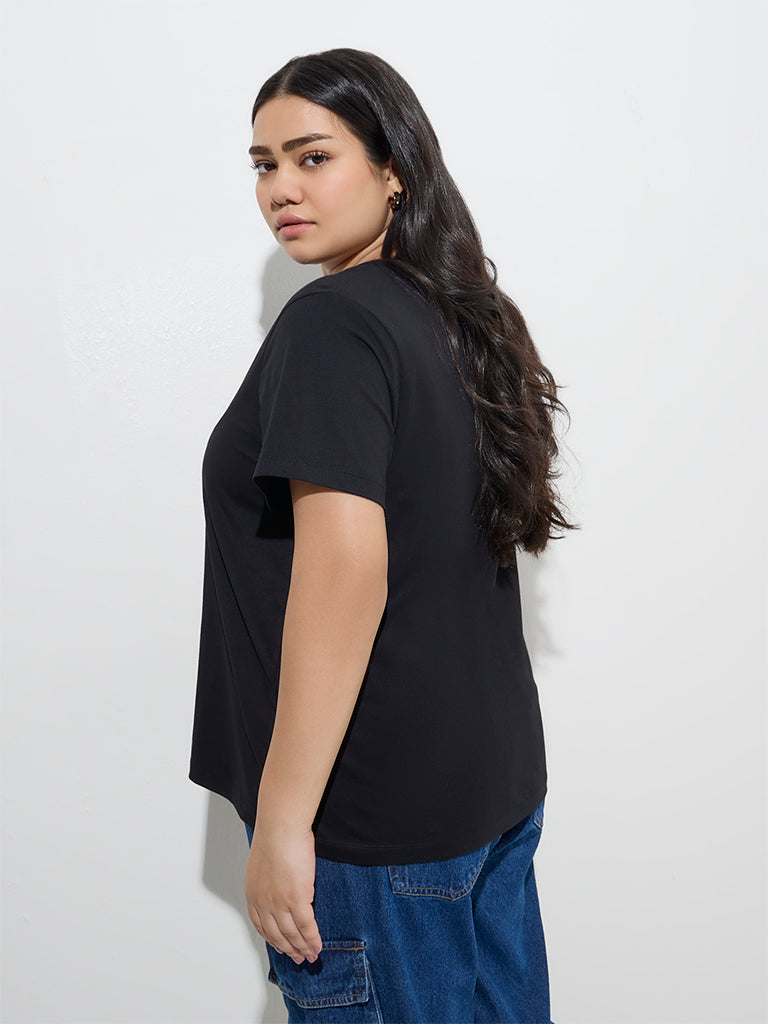 Westside Gia Women's Black Floral Embroidered Cotton T-Shirt for Casual Wear Back View