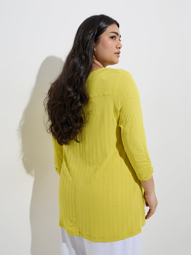 Westside Gia Women's Lime Self-Striped High-Low Top for Casual Wear Back View