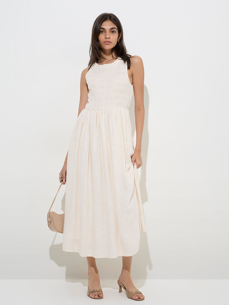 Westside LOV Women's Off-White Smocked A-Line Dress for Casual Wear Front View