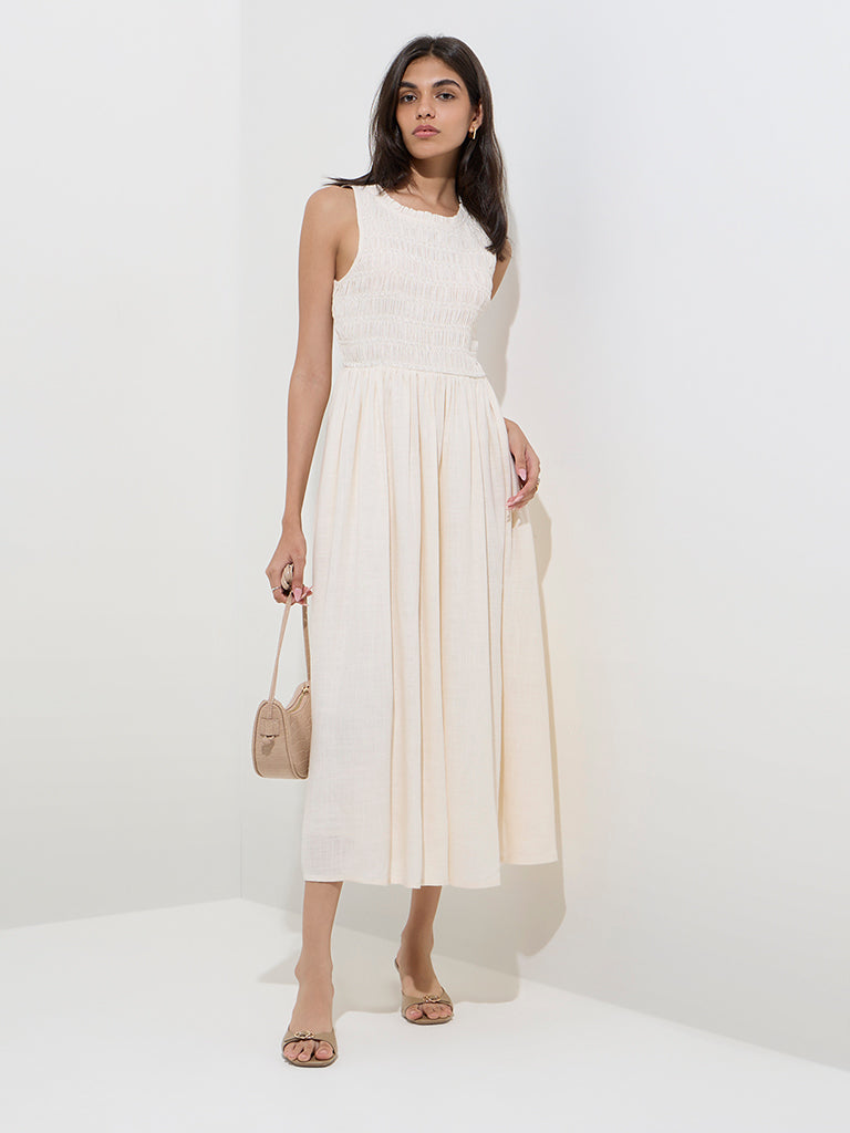 Westside LOV Women's Off-White Smocked A-Line Dress for Casual Wear Front View