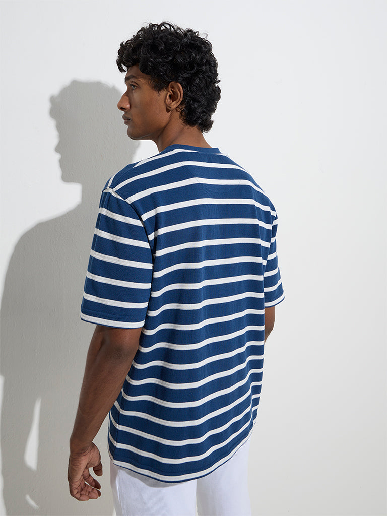 Westside WES Lounge Men's Blue Striped Relaxed-Fit Cotton T-Shirt for Casual Wear Back View